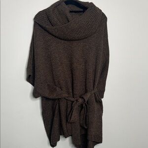 Cozy Brown Knit Sweater Tie waist speckle dress Split Hem Poncho